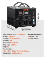 VEVOR Power Converter, 3000W, Durable Step Up/Down Unit, Switches between 110V and 220V, Includes US and EU Outlets plus 5V USB, CE Approved - Image 3