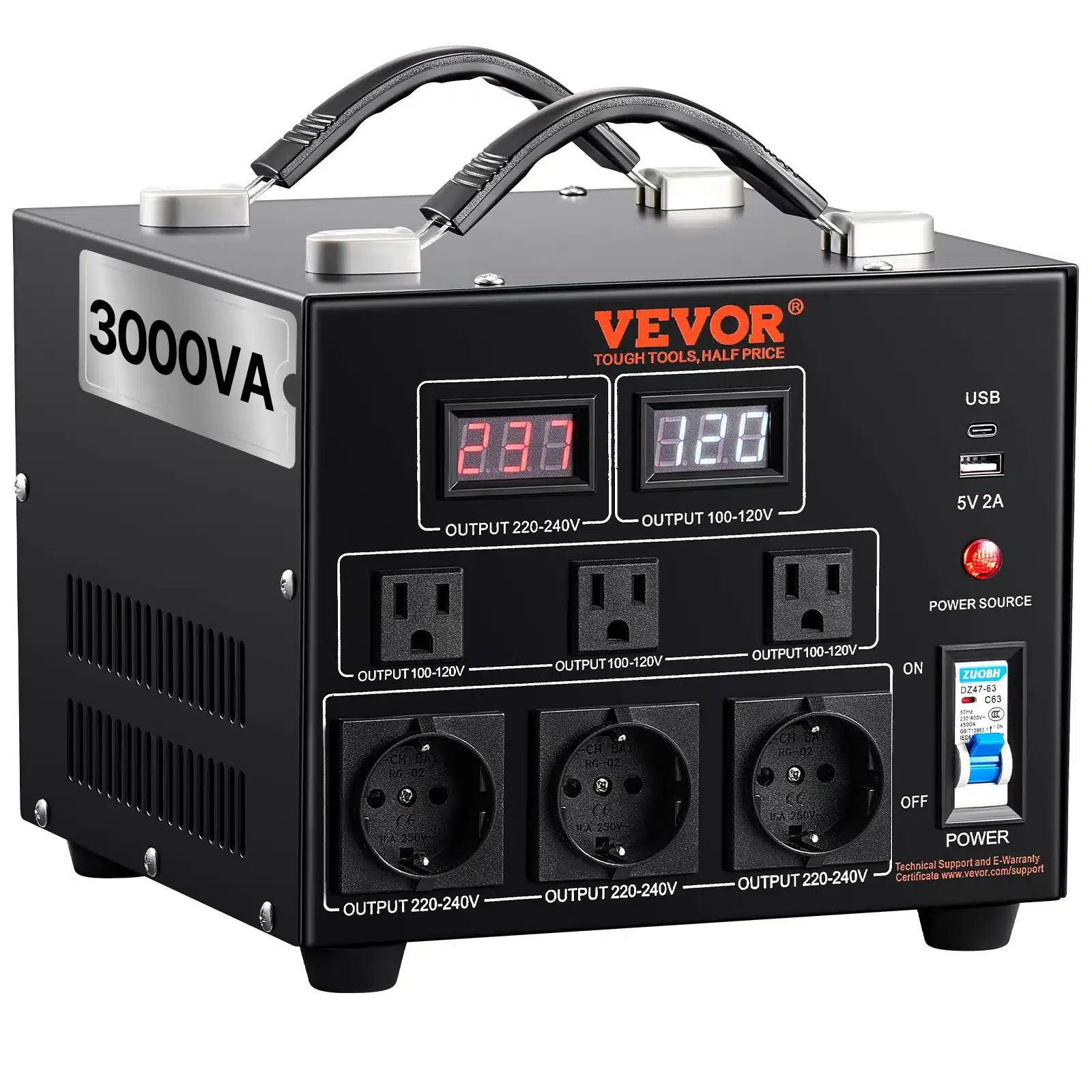 VEVOR Power Converter, 3000W, Durable Step Up/Down Unit, Switches between 110V and 220V, Includes US and EU Outlets plus 5V USB, CE Approved - Image 1